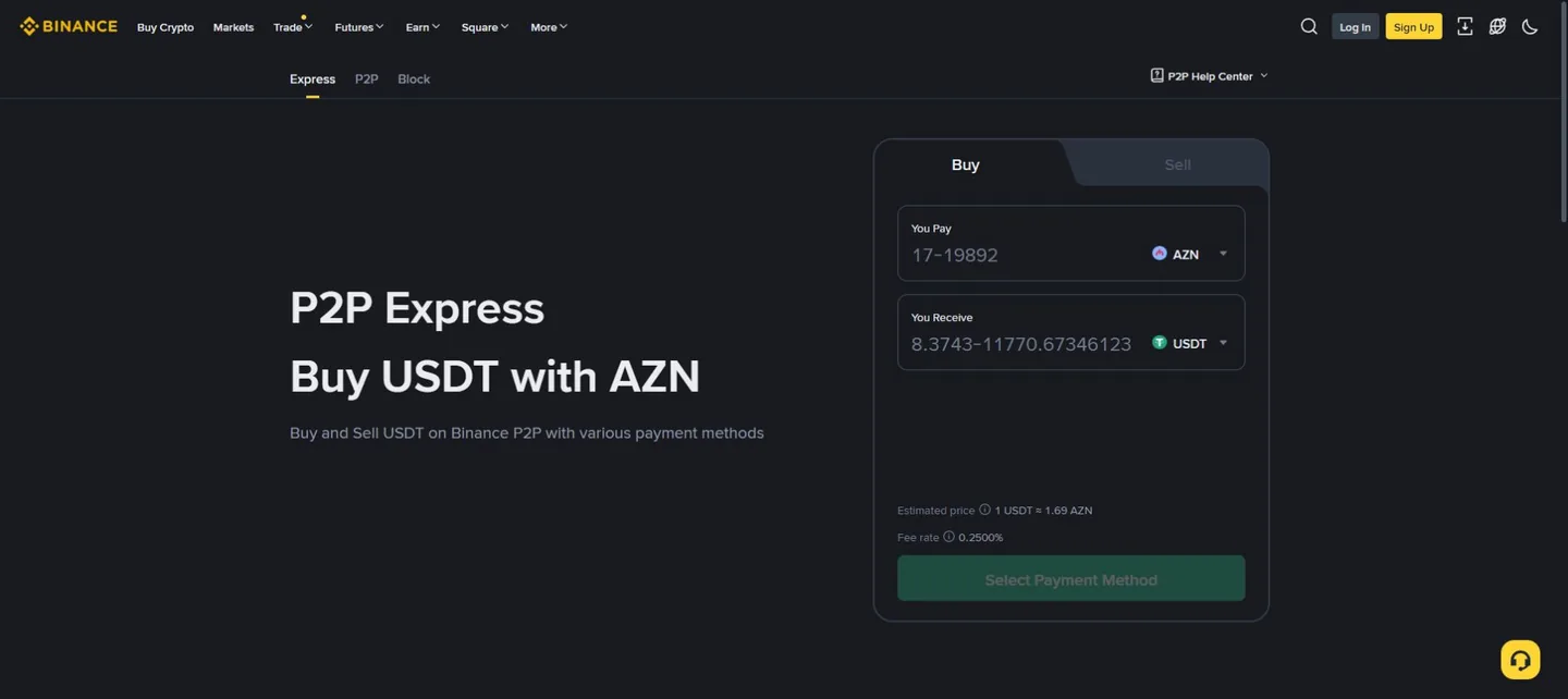 Binance P2P Express 公開頁顯示以 AZN 買入 USDT 的篩選畫面