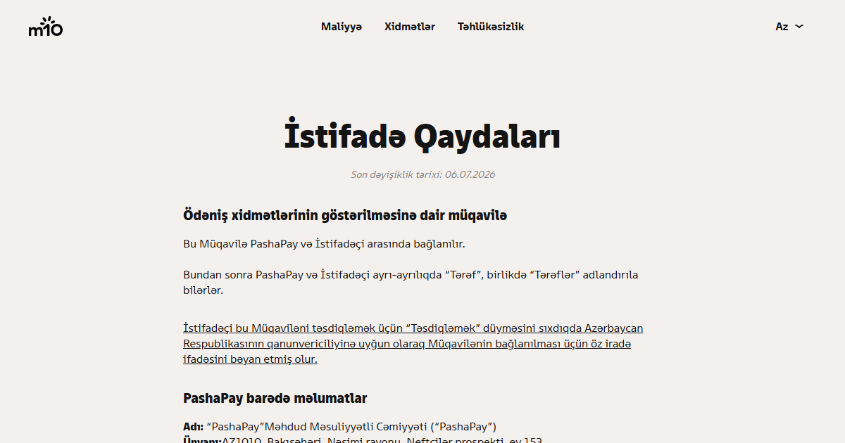 m10-un rəsmi İstifadə Qaydaları səhifəsinin başlığı və mətn hissəsi